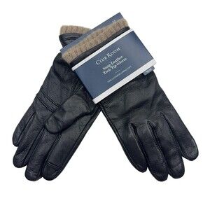 Club Room Snap Leather Tech Tip Gloves Mens M Black Cashmere Lining Touchscreen